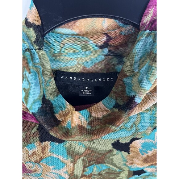 Jane & Delancey Floral Tulle Turtleneck XL Long Sleeve Ruched Sheer Mesh Top - Picture 2 of 6